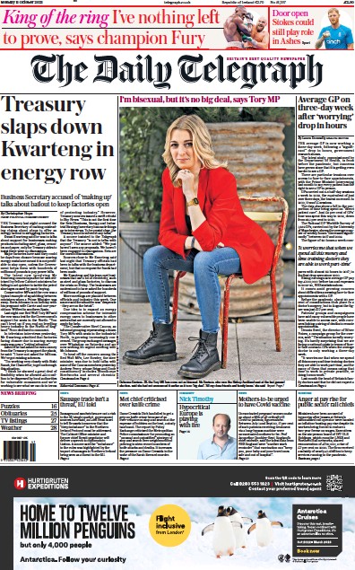 The Daily Telegraph (UK) Newspaper Front Page for 11 October 2021