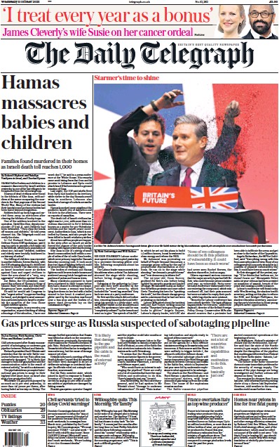The Daily Telegraph (UK) Newspaper Front Page for 11 October 2023