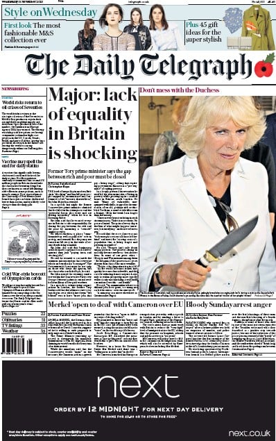The Daily Telegraph Newspaper Front Page for 11 November 2015
