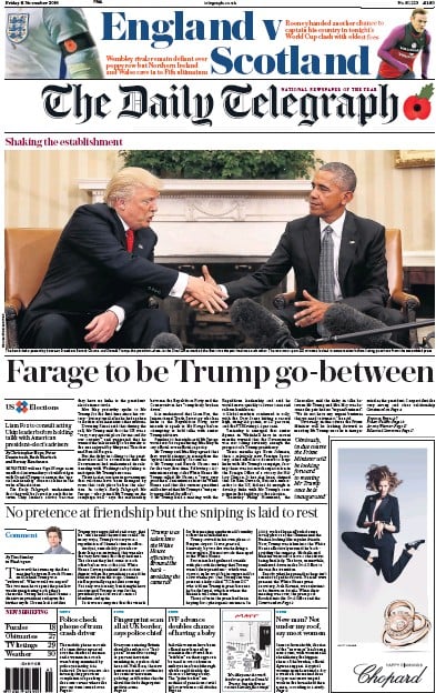 The Daily Telegraph Newspaper Front Page for 11 November 2016
