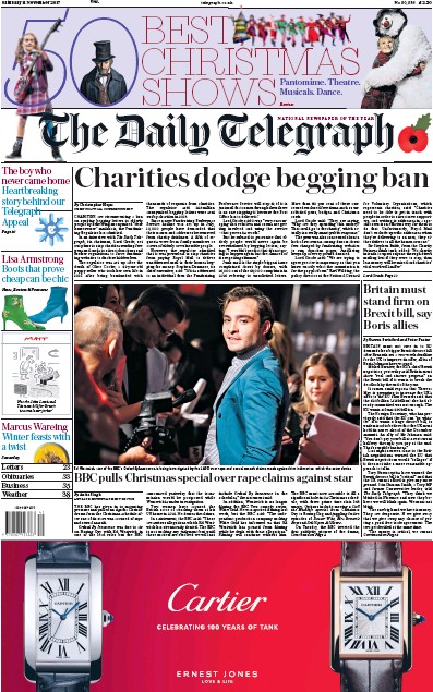 The Daily Telegraph Newspaper Front Page for 11 November 2017