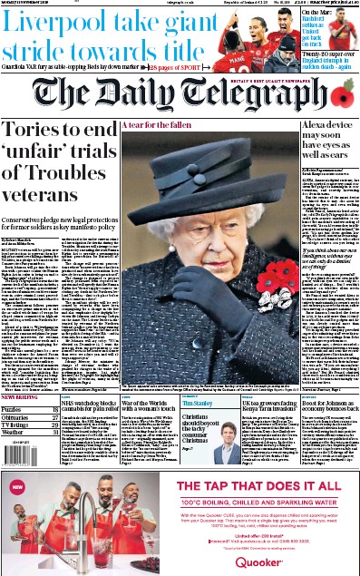 The Daily Telegraph Newspaper Front Page for 11 November 2019