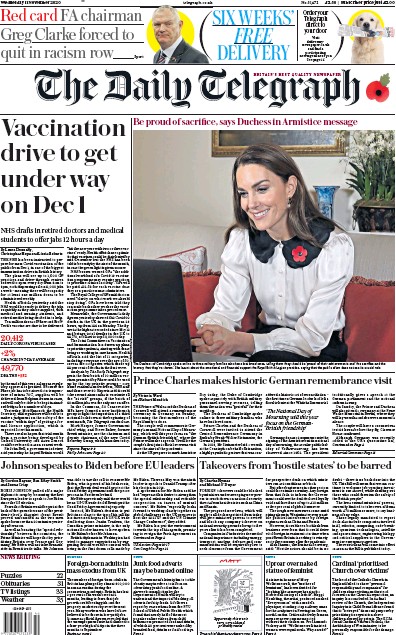 The Daily Telegraph Newspaper Front Page for 11 November 2020