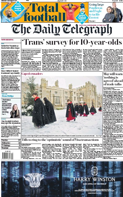 The Daily Telegraph (UK) Newspaper Front Page for 11 December 2017