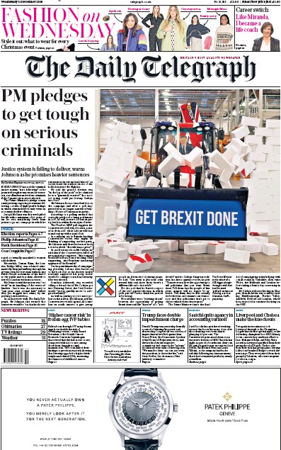 The Daily Telegraph Newspaper Front Page for 11 December 2019