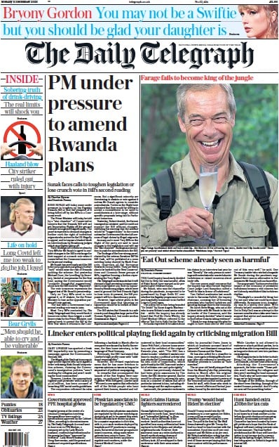 The Daily Telegraph (UK) Newspaper Front Page for 11 December 2023