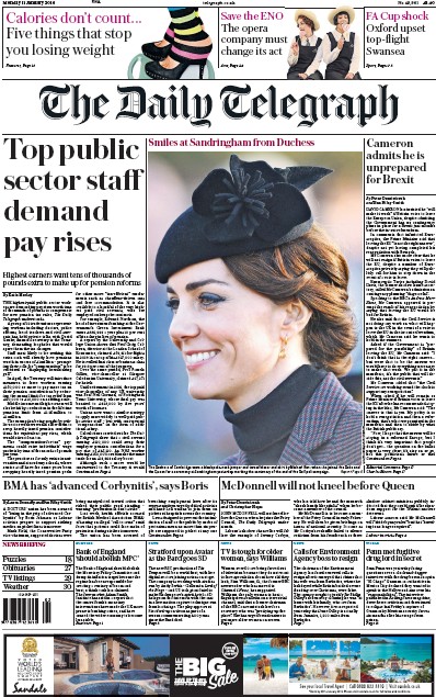 The Daily Telegraph Newspaper Front Page for 11 January 2016