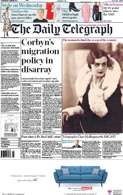 The Daily Telegraph Newspaper Front Page for 11 January 2017