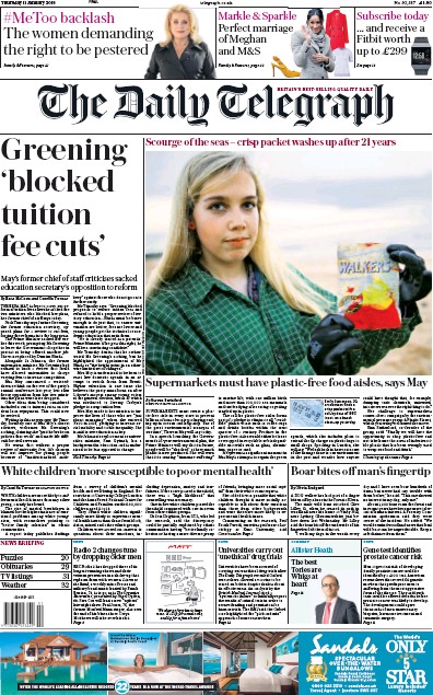 The Daily Telegraph Newspaper Front Page for 11 January 2018