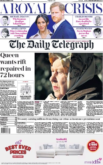 The Daily Telegraph Newspaper Front Page for 11 January 2020