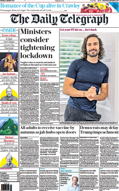 The Daily Telegraph Newspaper Front Page for 11 January 2021