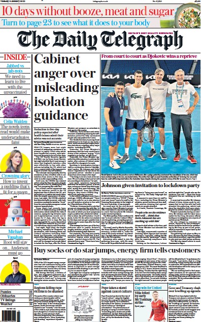 The Daily Telegraph (UK) Newspaper Front Page for 11 January 2022