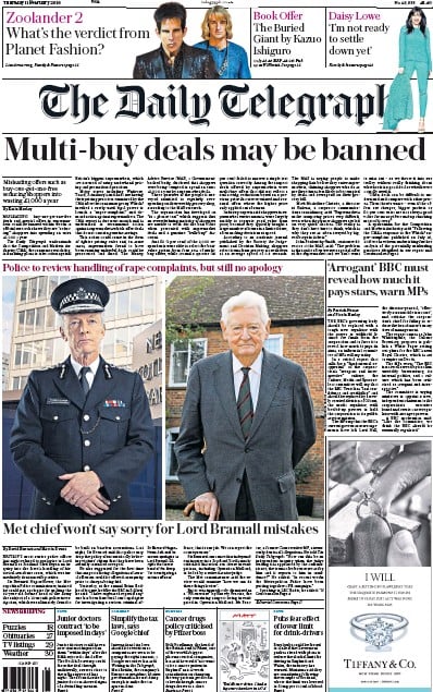 The Daily Telegraph Newspaper Front Page for 11 February 2016