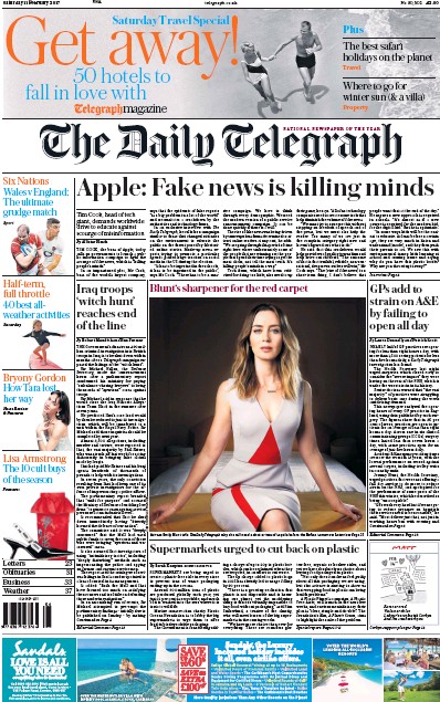 The Daily Telegraph Newspaper Front Page for 11 February 2017