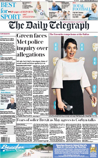 The Daily Telegraph Newspaper Front Page for 11 February 2019