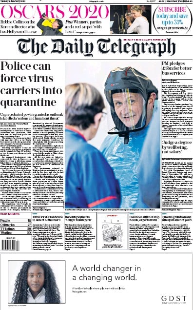 The Daily Telegraph Newspaper Front Page for 11 February 2020