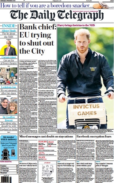 The Daily Telegraph Newspaper Front Page for 11 February 2021