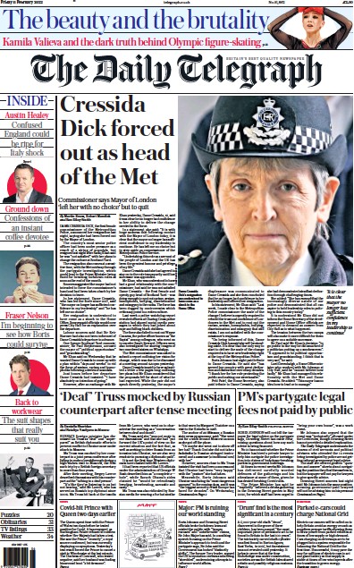 The Daily Telegraph Newspaper Front Page for 11 February 2022