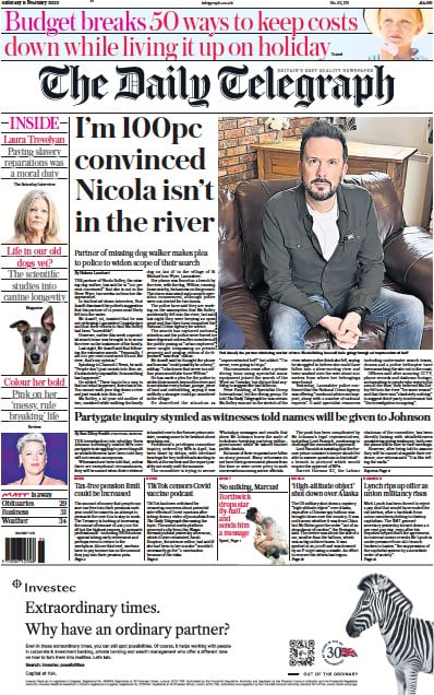 The Daily Telegraph (UK) Newspaper Front Page for 11 February 2023