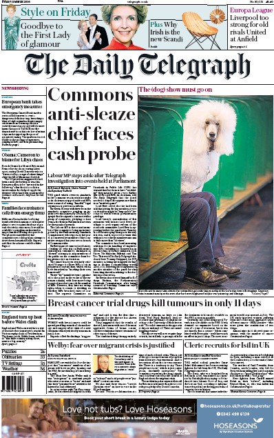 The Daily Telegraph Newspaper Front Page for 11 March 2016