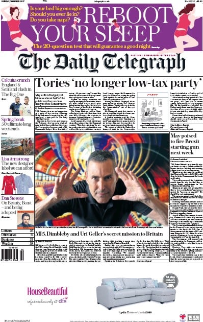 The Daily Telegraph Newspaper Front Page for 11 March 2017