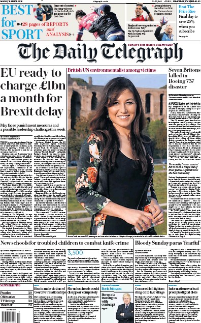 The Daily Telegraph Newspaper Front Page for 11 March 2019