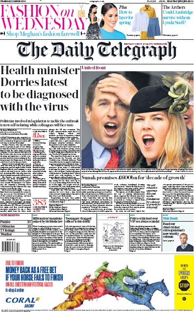 The Daily Telegraph Newspaper Front Page for 11 March 2020