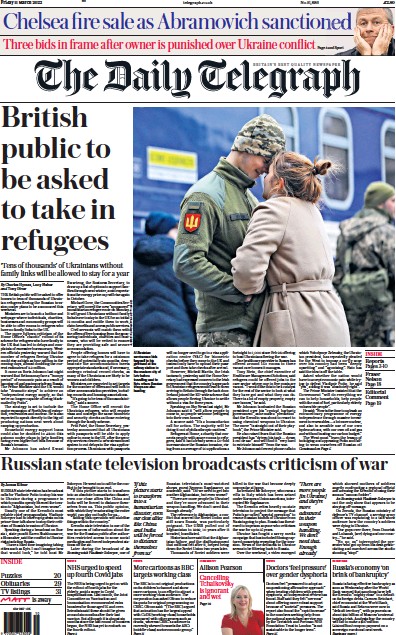 The Daily Telegraph (UK) Newspaper Front Page for 11 March 2022
