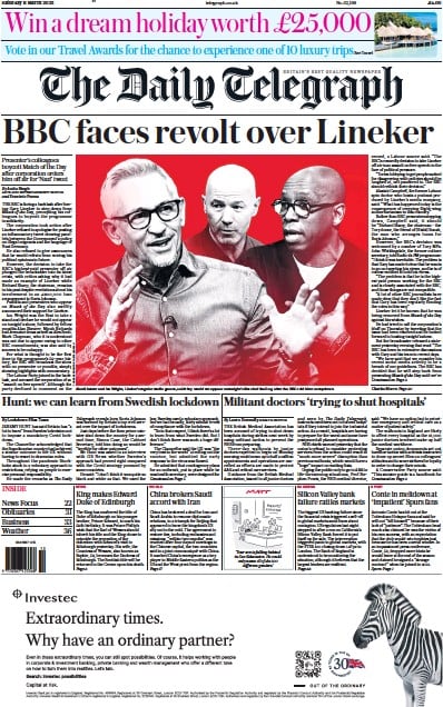 The Daily Telegraph (UK) Newspaper Front Page for 11 March 2023