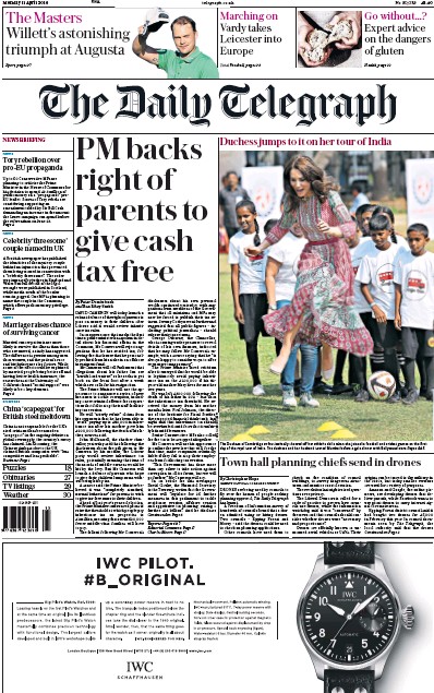 The Daily Telegraph (UK) Newspaper Front Page for 11 April 2016