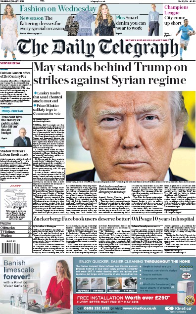 The Daily Telegraph Newspaper Front Page for 11 April 2018