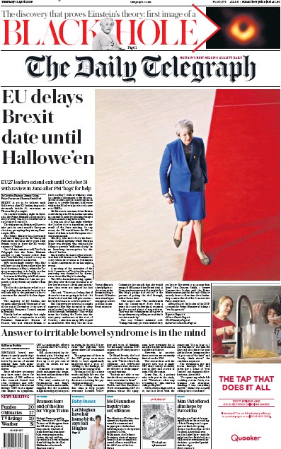 The Daily Telegraph Newspaper Front Page for 11 April 2019