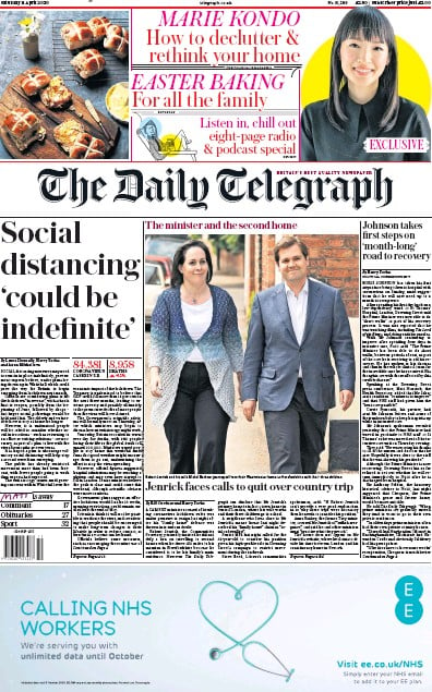 The Daily Telegraph Newspaper Front Page for 11 April 2020