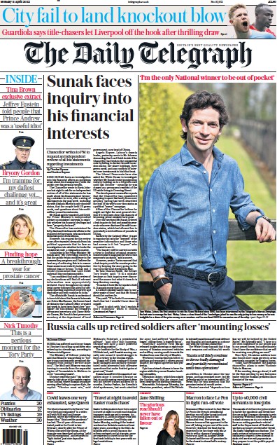 The Daily Telegraph (UK) Newspaper Front Page for 11 April 2022