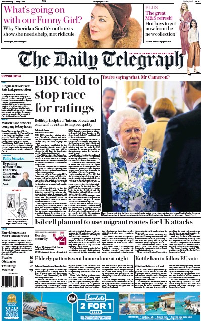 The Daily Telegraph Newspaper Front Page for 11 May 2016