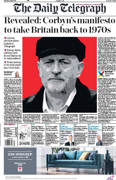 The Daily Telegraph (UK) Newspaper Front Page for 11 May 2017