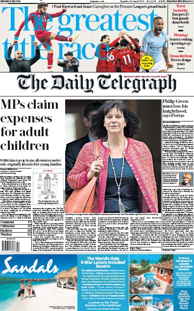 The Daily Telegraph Newspaper Front Page for 11 May 2019