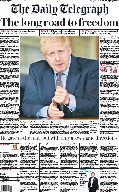 The Daily Telegraph Newspaper Front Page for 11 May 2020