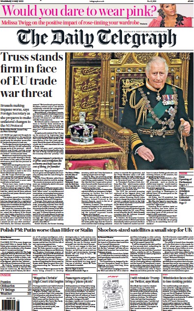 The Daily Telegraph (UK) Newspaper Front Page for 11 May 2022