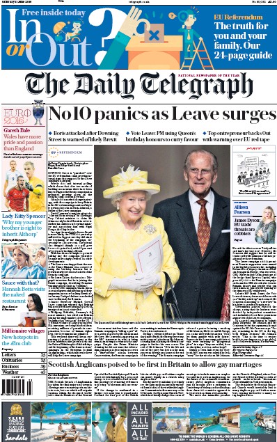 The Daily Telegraph Newspaper Front Page for 11 June 2016
