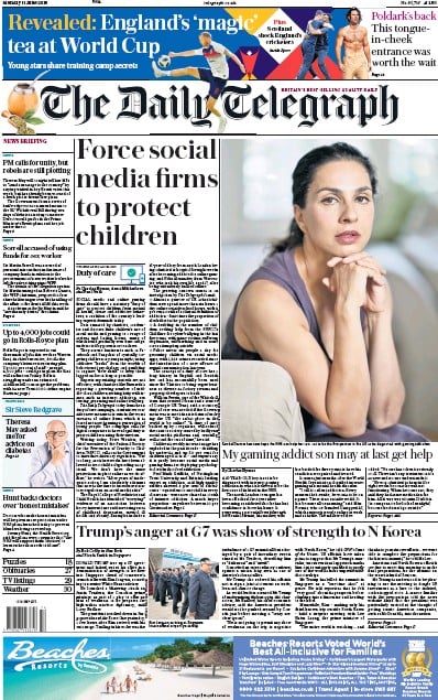 The Daily Telegraph Newspaper Front Page for 11 June 2018