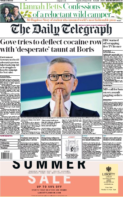 The Daily Telegraph (UK) Newspaper Front Page for 11 June 2019