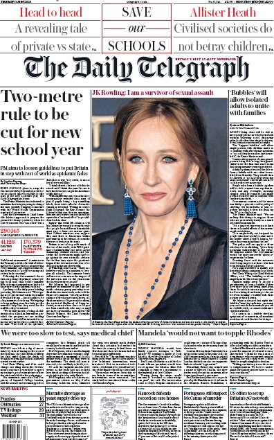 The Daily Telegraph Newspaper Front Page for 11 June 2020