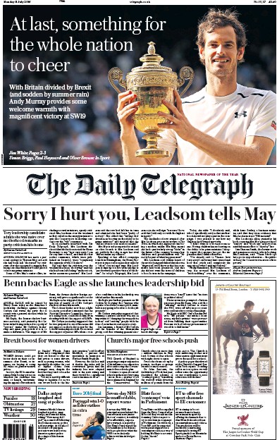 The Daily Telegraph Newspaper Front Page for 11 July 2016