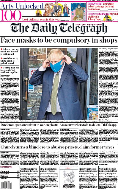 The Daily Telegraph Newspaper Front Page for 11 July 2020