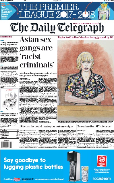 The Daily Telegraph Newspaper Front Page for 11 August 2017