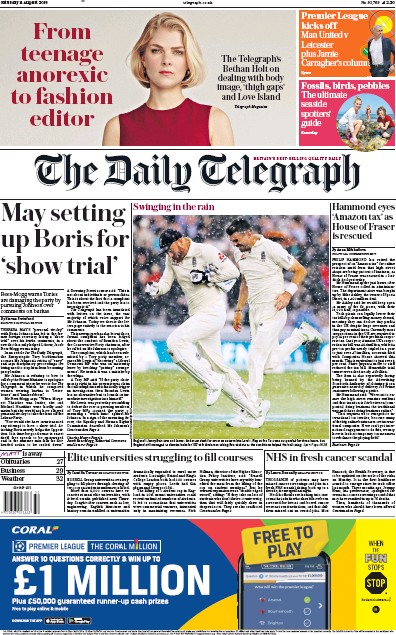 The Daily Telegraph (UK) Newspaper Front Page for 11 August 2018