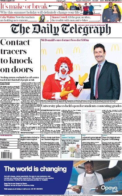 The Daily Telegraph Newspaper Front Page for 11 August 2020