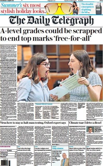 The Daily Telegraph (UK) Newspaper Front Page for 11 August 2021