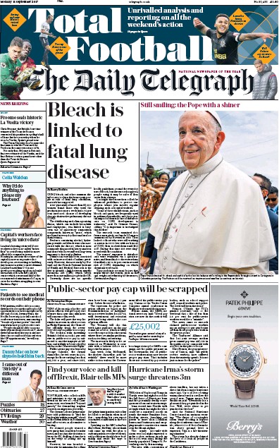 The Daily Telegraph (UK) Newspaper Front Page for 11 September 2017